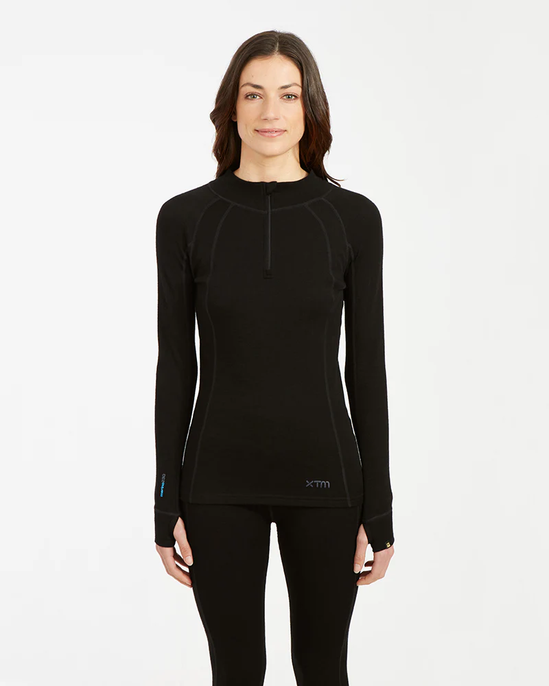 Women's Merino 230gsm Zip Neck Long Sleeve Thermal Top – Alpine230 – Black - Image 3