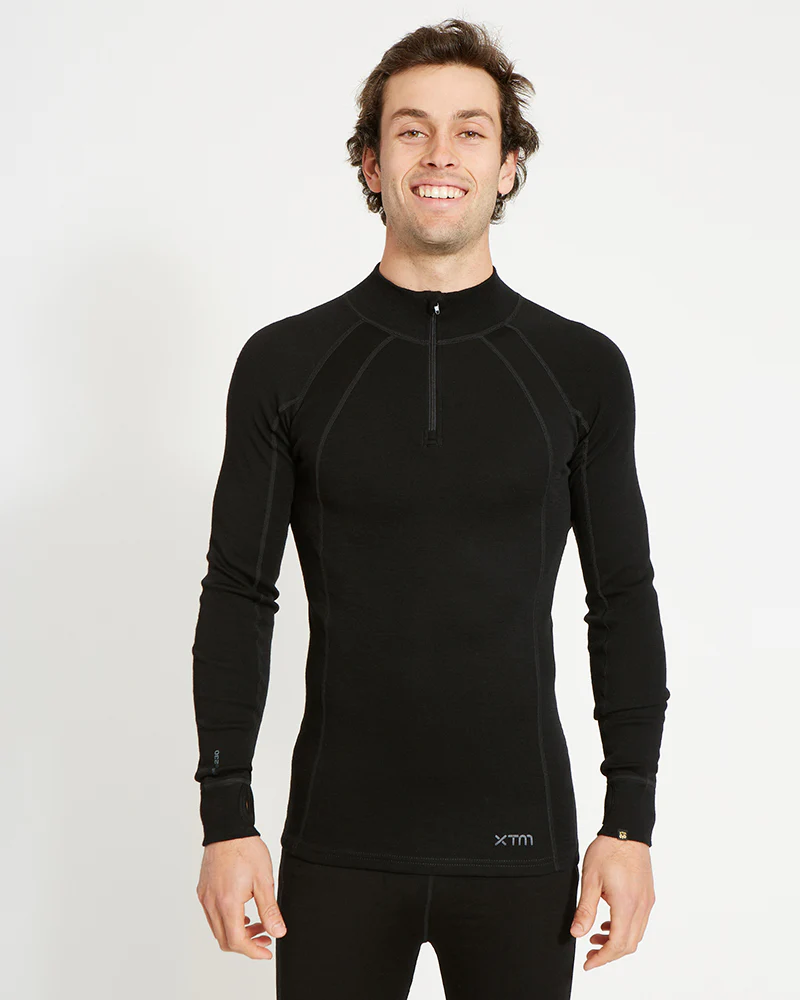 Men's Merino 230gsm Zip Neck Long Sleeve Thermal Top – Alpine230 – Black